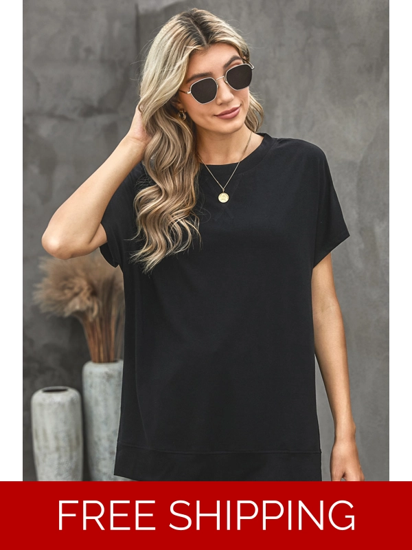 Round Neck Short Sleeve Solid Color Tee